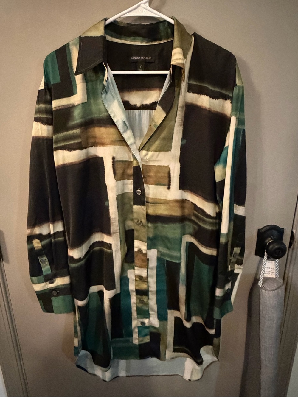 Banana Republic Abstract Geometric Tunic Shirt- Dress in Green Black Cream